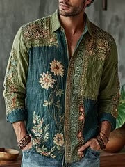 Men's Vintage Patchwork Floral Embroidered Cotton Linen Shirt | Green & Teal Long Sleeve Casual Shirt | Uroba.shop