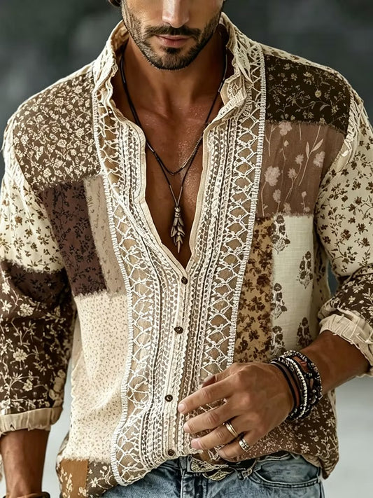 Men's Vintage Patchwork Bohemian Lace Shirt | Floral Print Long Sleeve Button-Up | Uroba.shop