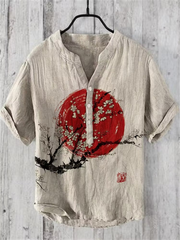 Men's Japanese Red Sun Sakura Cotton Linen Henley Shirt | Zen Minimalist Summer Casual Shirt