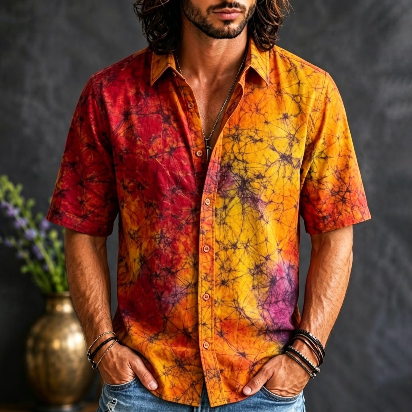 Men's Handcrafted Tie-Dye Cotton Short Sleeve Shirt | Vintage Boho Casual Summer Button-Up