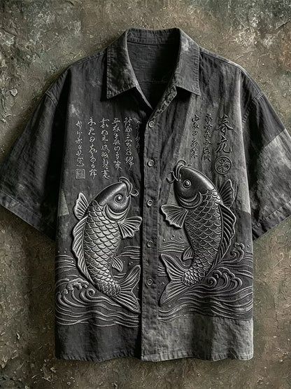 Men's Black Koi Fish Embroidered Cuban Collar Shirt | Premium Japanese Style Casual Half Sleeve Shirt