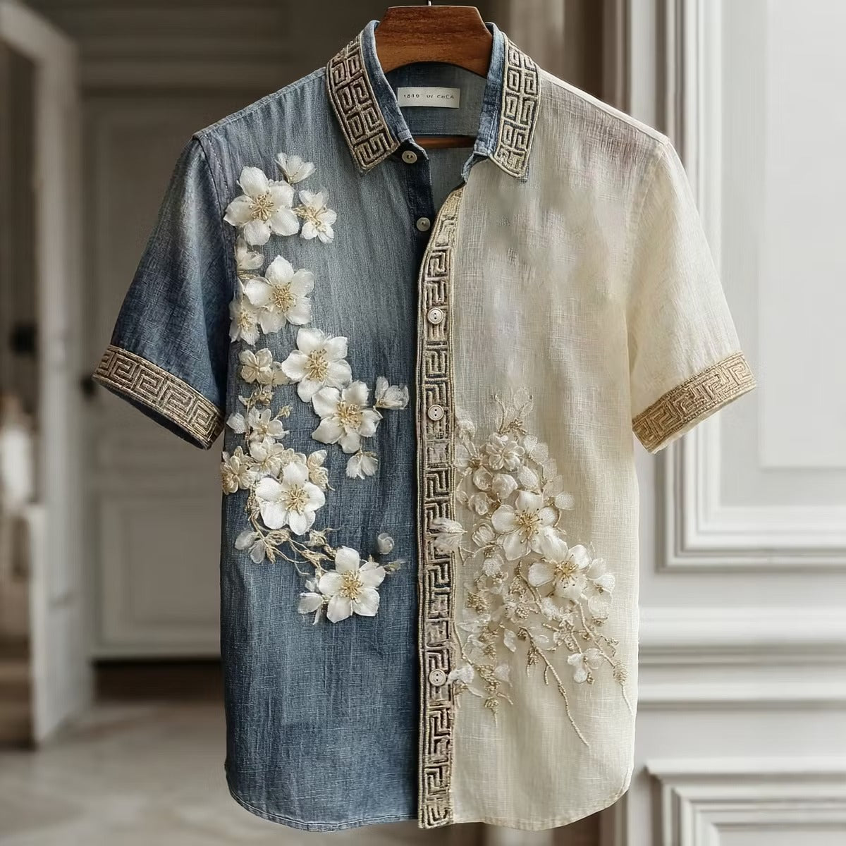 Men's Floral Embroidered Color Block Shirt | Premium Cotton Linen Casual Half Sleeve Button-Up Shirt
