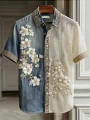 Men's Floral Embroidered Color Block Shirt | Premium Cotton Linen Casual Half Sleeve Button-Up Shirt
