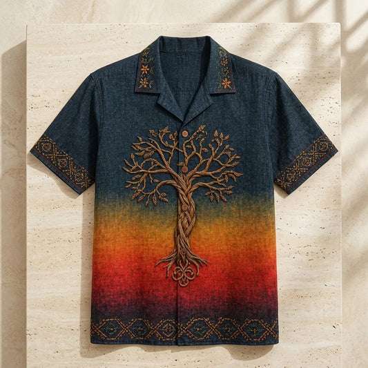 Men's Tree of Life Ombre Embroidered Cuban Collar Shirt | Premium Casual Half Sleeve Shirt