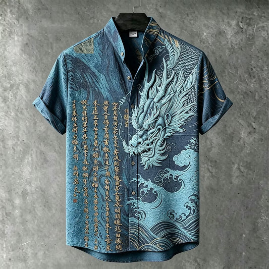 Men's Blue Dragon Print Mandarin Collar Shirt | Premium Japanese Style Casual Half Sleeve Shirt