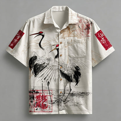 Men's White Japanese Crane Print Shirt | Premium Cotton Linen Casual Half Sleeve Button-Up Shirt
