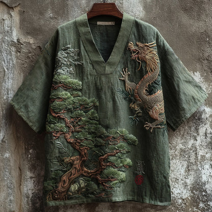 Men's Japanese Dragon Bonsai V-Neck Shirt | Premium Cotton Linen Casual Summer Top