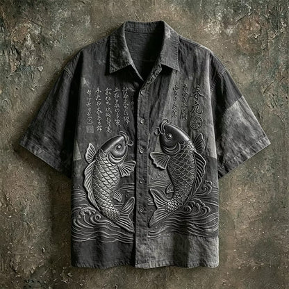 Men's Black Koi Fish Embroidered Cuban Collar Shirt | Premium Japanese Style Casual Half Sleeve Shirt