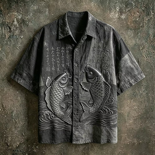 Men's Black Koi Fish Embroidered Cuban Collar Shirt | Premium Japanese Style Casual Half Sleeve Shirt