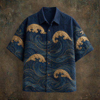 Men's Japanese Ocean Wave Print Shirt | Premium Cotton Linen Casual Half Sleeve Button-Up Shirt