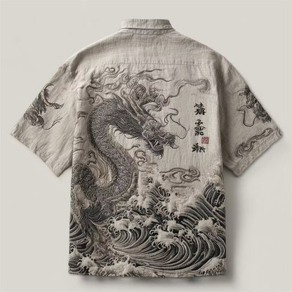 Men's Japanese Dragon Wave Print Linen Shirt | Vintage Oriental Short Sleeve Casual Shirt