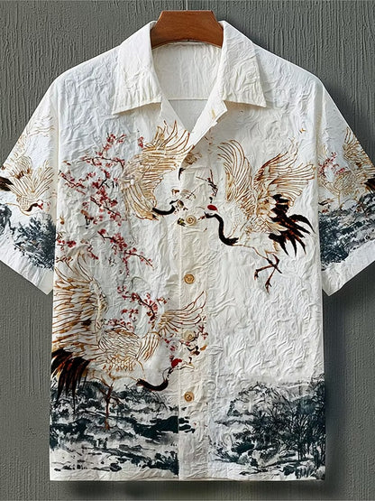 Men's Japanese Crane Art Printed Short Sleeve Shirt | Premium Cotton Linen Casual Button-Up