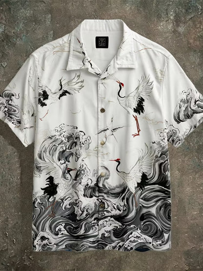 Men's Japanese Crane Wave Print Shirt | Premium Cotton Linen Casual Half Sleeve Button-Up Shirt