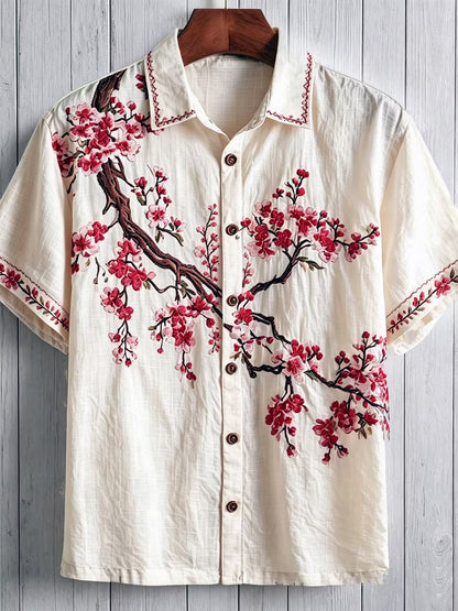 Men's Sakura Blossom Embroidered Cotton Linen Shirt | Japanese Floral Summer Casual Shirt