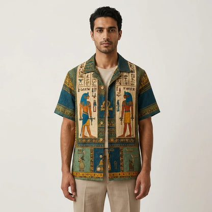 Men's Egyptian Pharaoh Hieroglyph Print Cuban Collar Shirt | Premium Vintage Casual Half Sleeve Shirt