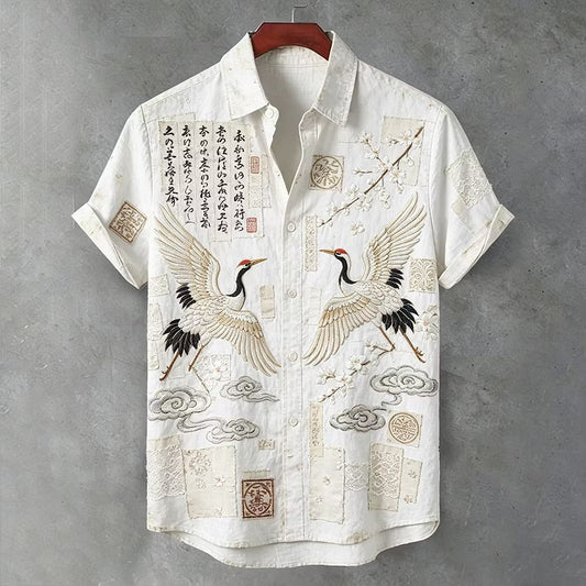 Men's White Crane Embroidered Linen Blend Shirt | Premium Japanese Style Casual Half Sleeve Shirt