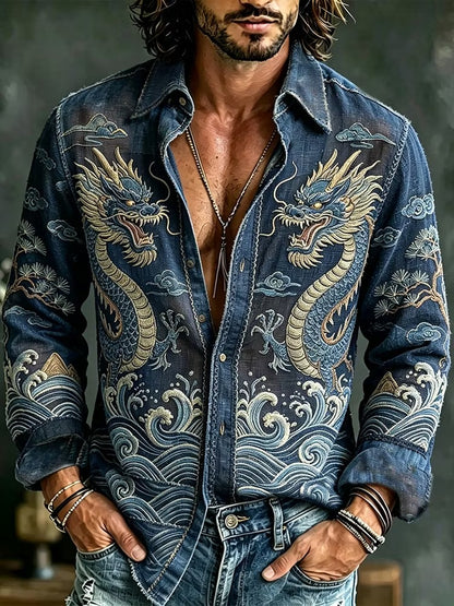 Men's Japanese Twin Dragon Denim Shirt | Vintage Ocean Wave Graphic Button-Up | Uroba.shop