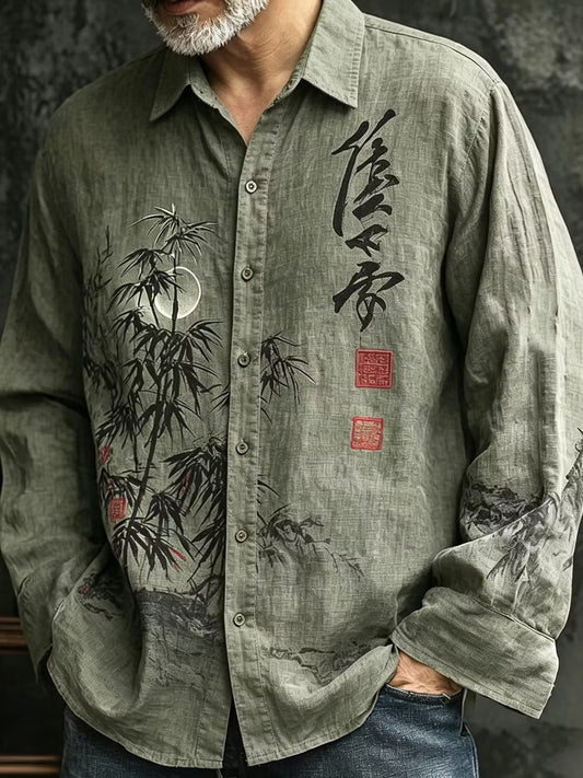 Men's Sage Green Japanese Bamboo Print Cotton Linen Shirt | Vintage Long Sleeve Casual Button-Up | Uroba.shop