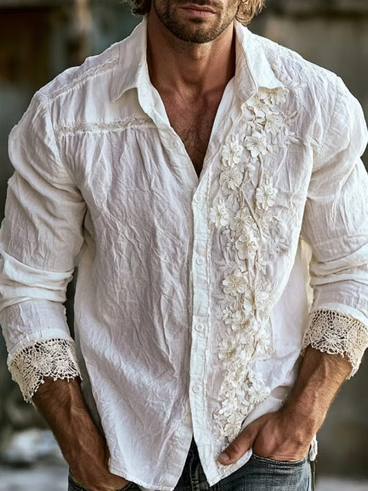 Men's White Floral Embroidered Cotton Linen Casual Shirt | Premium Long Sleeve Vintage Button-Up | Uroba.shop