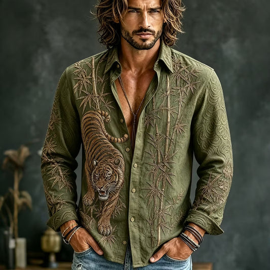 Men's Olive Green Tiger Embroidered Cotton Linen Shirt | Japanese Bamboo Long Sleeve Casual Shirt | Uroba.shop