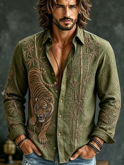 Men's Olive Green Tiger Embroidered Cotton Linen Shirt | Japanese Bamboo Long Sleeve Casual Shirt | Uroba.shop