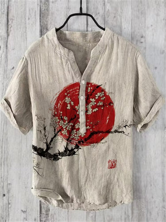 Men's Japanese Red Sun Sakura Cotton Linen Henley Shirt | Zen Minimalist Summer Casual Shirt