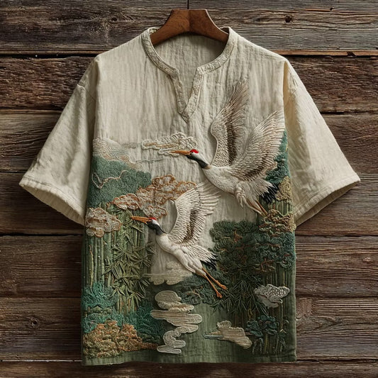 Men's Japanese Crane Bamboo Landscape Cotton Linen V-Neck Shirt | Vintage Zen Summer Tee