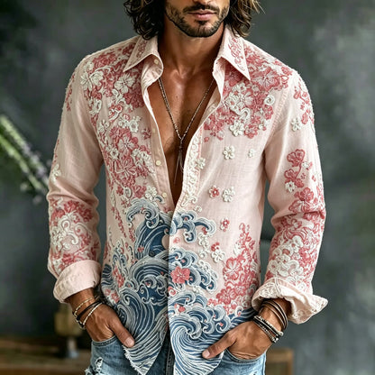 Men's Blush Pink Floral Embroidered Cotton Linen Shirt | Japanese Wave Print Long Sleeve Casual Shirt | Uroba.shop