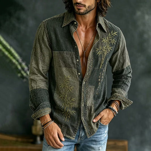 Men's Vintage Patchwork Cotton Linen Shirt | Dark Olive Bamboo Embroidered Long Sleeve Casual Shirt | Uroba.shop