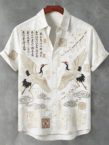 Men's White Crane Embroidered Linen Blend Shirt | Premium Japanese Style Casual Half Sleeve Shirt