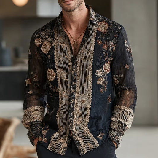 Men's Black Floral Embroidered Mesh Shirt | Luxury Long Sleeve Sheer Party Button-Up | Uroba.shop
