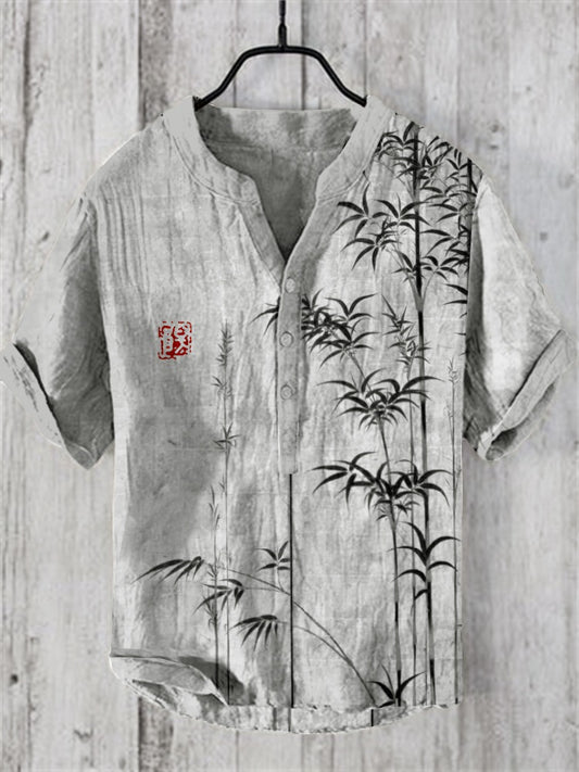 Men's Japanese Bamboo Ink Print Cotton Linen Henley Shirt | Vintage Zen Summer Casual Shirt