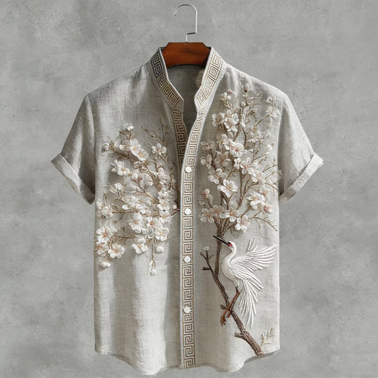 Men's Japanese Crane & Sakura Embroidered Cotton Linen Mandarin Collar Shirt | Luxury Zen Casual Summer Shirt